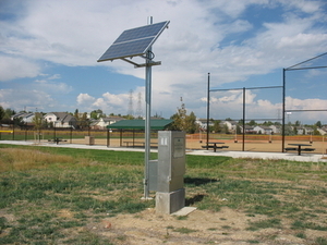 Solar powered turf irrigation for sports field complex